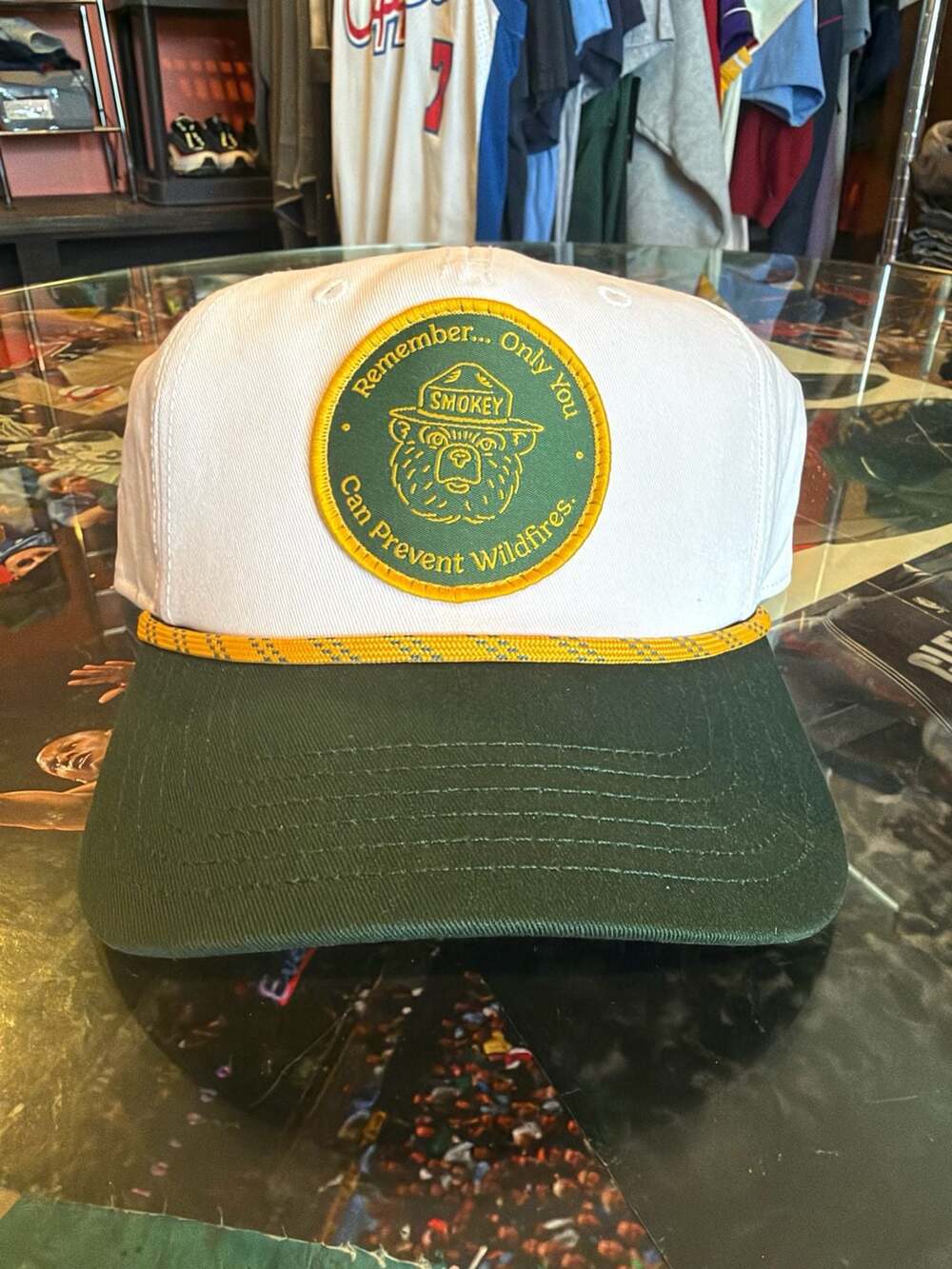 Smokey Bear Snapback Hat White Green Rope Patch Cap Wildfires